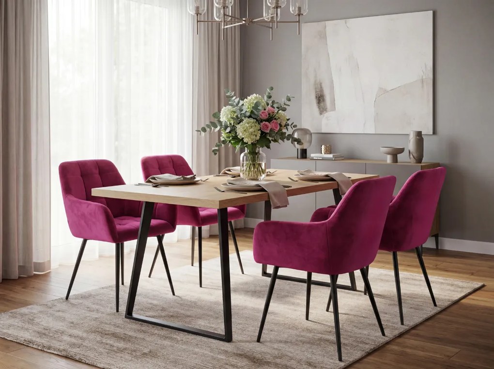 Scaun de masa roz inchis LOREN VELVET cu picioare negre