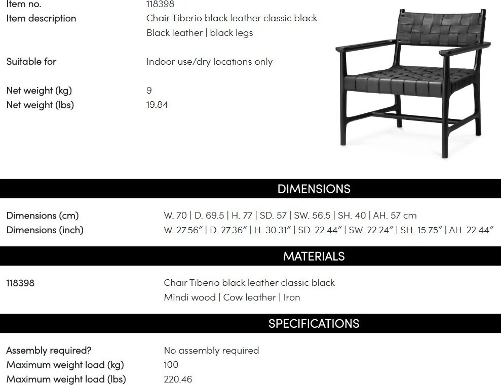 Fotoliu design LUX, Piele clasica neagra, Lemn, Tiberio