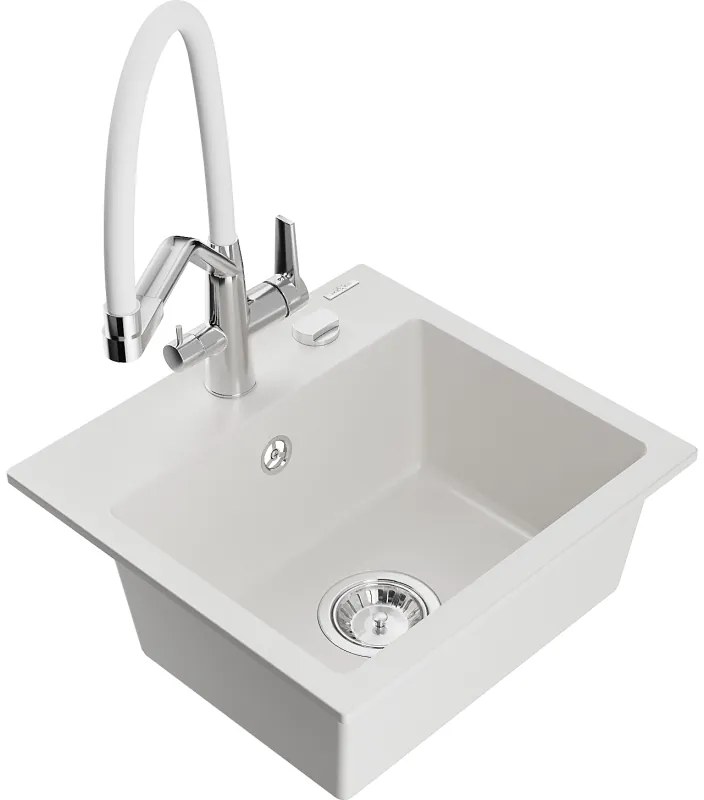 Mexen Milo chiuvetă de granit cu 1 compartiment și baterie de bucătărie Duo, alb - 6505-20-671701-02