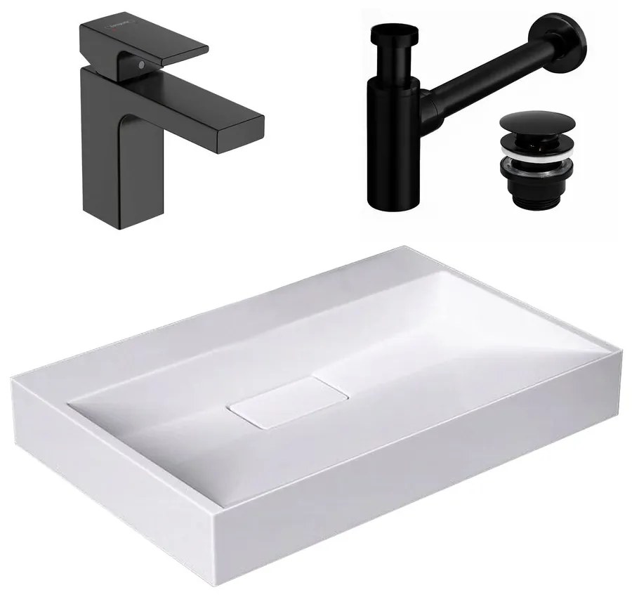 Pachet lavoar pe blat Rea Goya alb 60 cm, baterie lavoar Hansgrohe Vernis Shape 100 negru si ventil lavoar Click-Clack negru