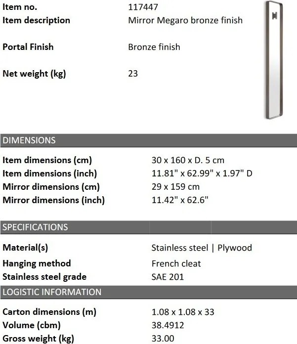 Oglinda decorativa design LUX Megaro Bronze 30x160cm