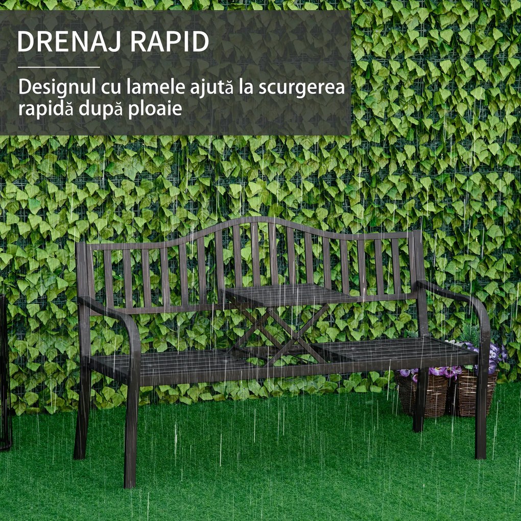 Bancă de Grădină Outsunny din Metal cu Măsuță Centrală Retractabilă, Bancă Loveseat pentru Terasă cu Șezut și Spătar cu Șipci, pentru 2–3 Persoane, Neagră | Aosom Romania