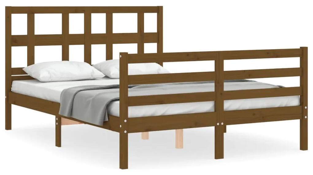 3194804 vidaXL Cadru de pat cu tăblie, dublu mic, maro miere, lemn masiv