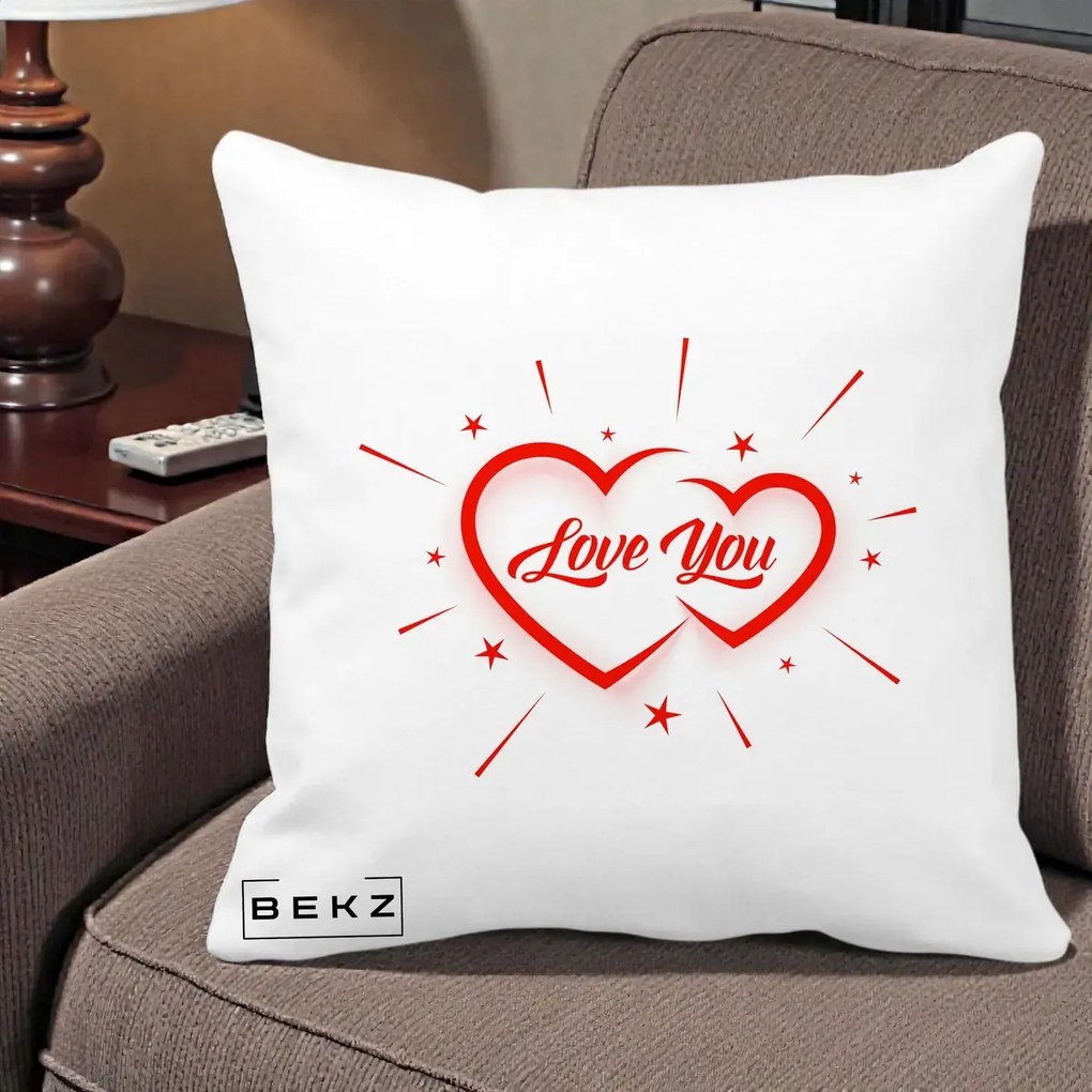 Cadou Romantic - Perna Personalizata Love You Doua Inimi, 40x40 cm, Alba Mata, Husa Detasabila, Perna Inclusa, BEKZ®