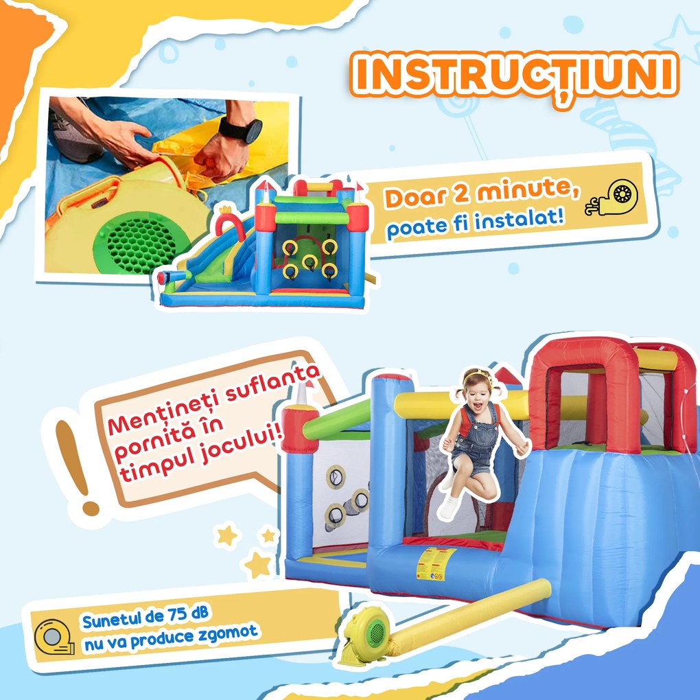 Outsunny Castel Gonflabil 5-în-1 pentru Copii, cu Sac Transport, 3-8 Ani, 3,9x3x2m, Multicolor | Aosom Romania