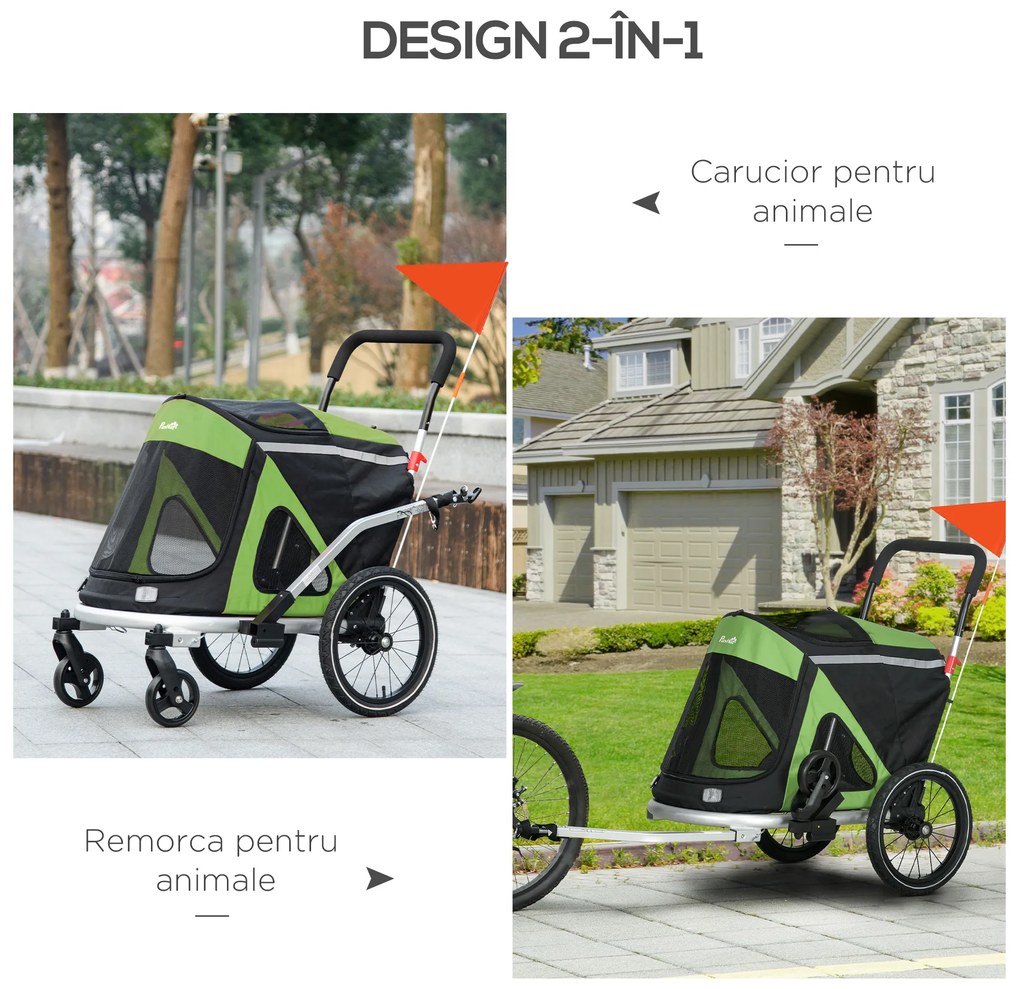 PawHut Remorcă și Cărucior 2 în 1 pentru Câini Bicicletă Pliabil Cadru Aluminiu Lesa Siguranță Covor Antiderapant Reflectoare | Aosom Romania