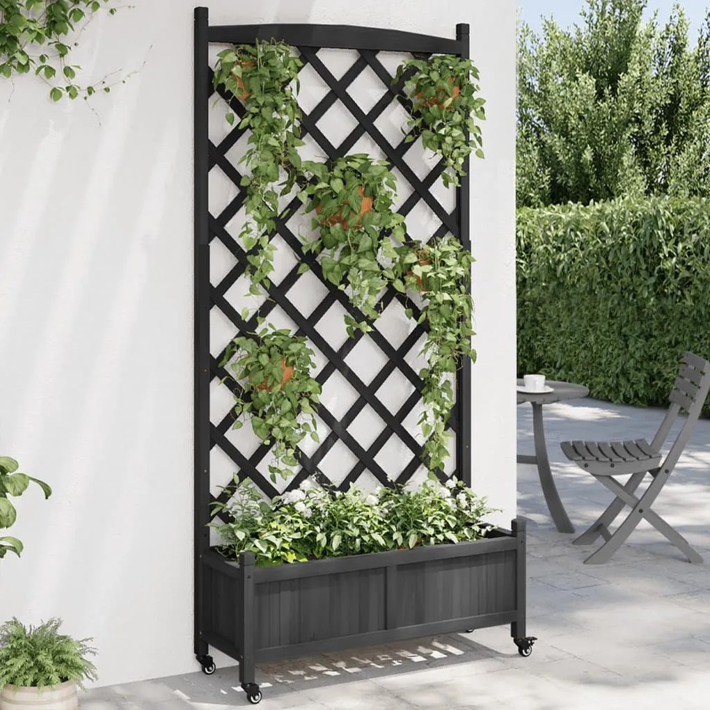 vidaXL Jardinieră cu spalier și roți, negru, lemn masiv de brad