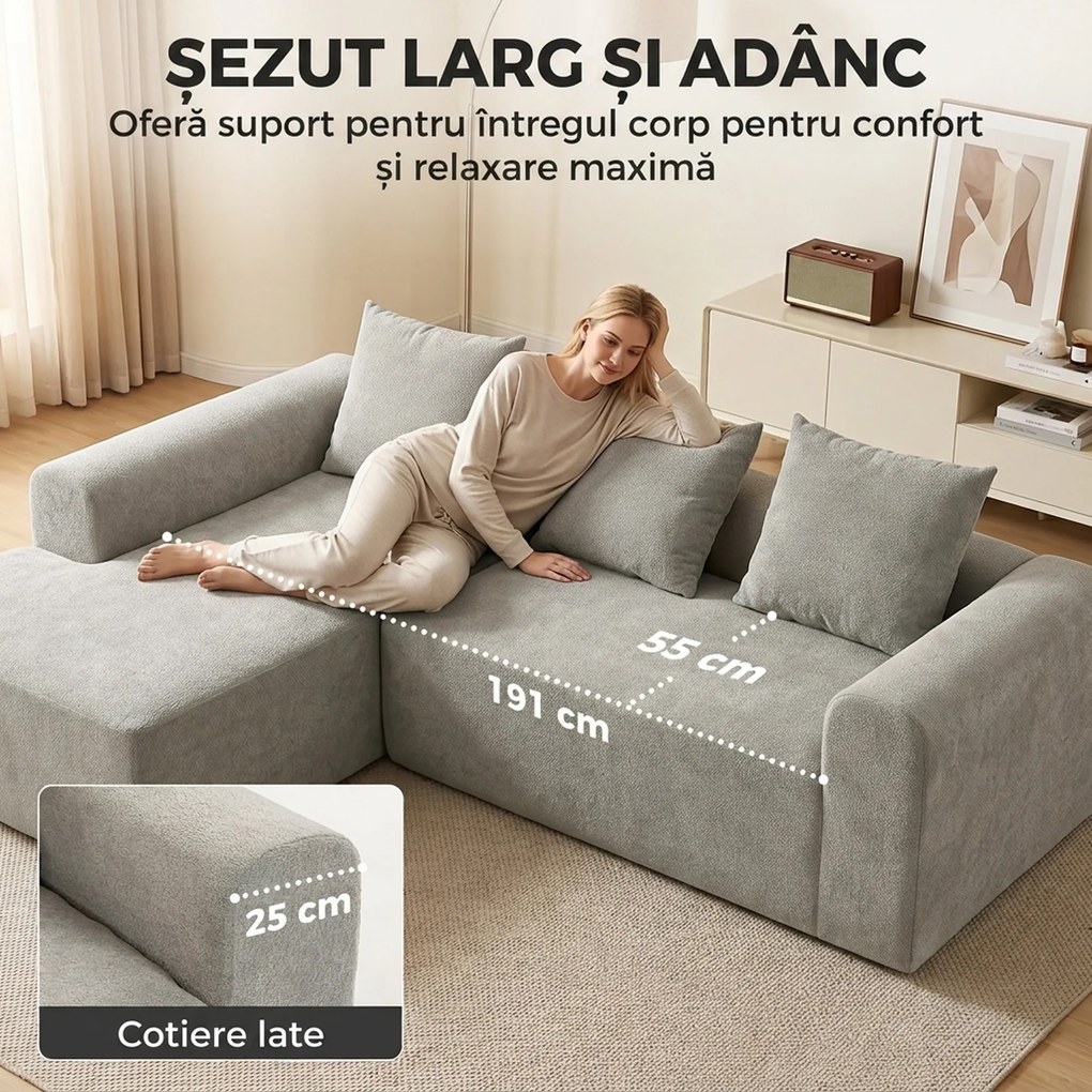 HOMCOM Canapea de Colț cu 3 Locuri, Fără Cadru, pentru Living, Gri Deschis | Aosom Romania