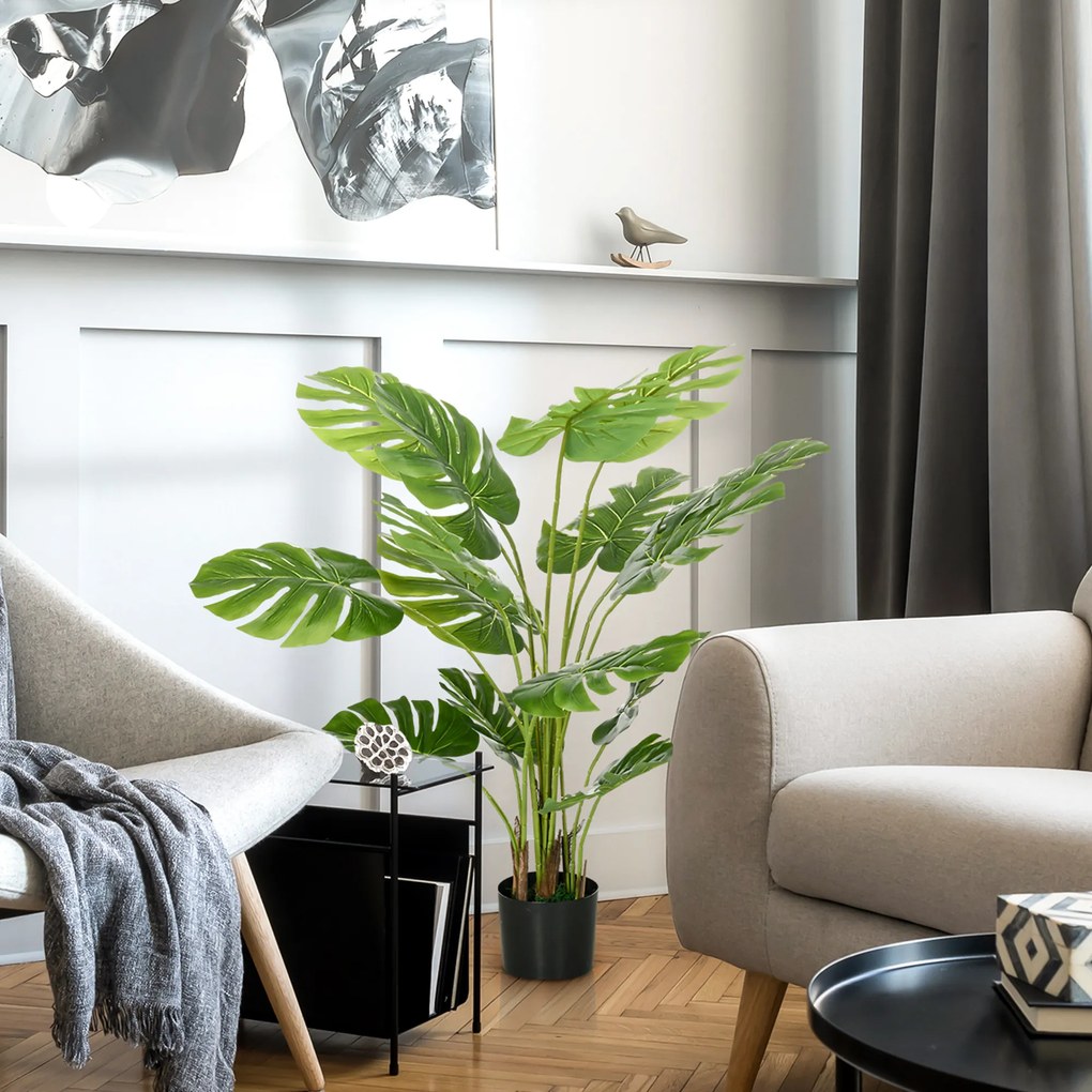HOMCOM Plantă Artificială Realistică Monstera Deliciosa, 1 Ghiveci Suplimentar și Pământ de Ciment, 17,5 cm x 17,5 cm x 120 cm, Verde | Aosom Romania