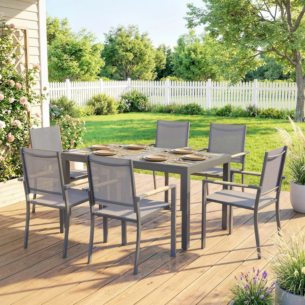 Outsunny Set Mobilier de Grădină 7 Piese Masă Aspect Lemn 6 Scaune Suprapuse din Textilenă 140x80x72cm Gri | Aosom Romania
