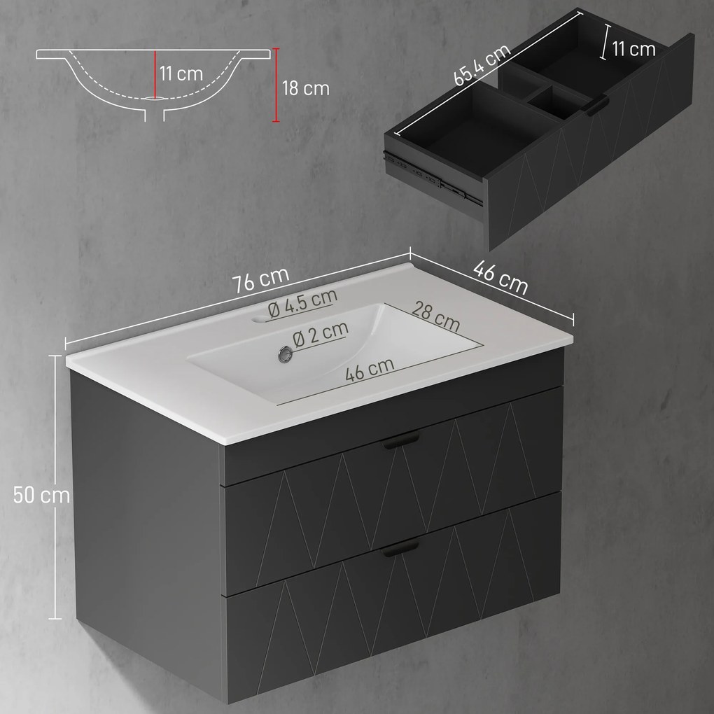 HOMCOM Dulap Suspendat cu Chiuvetă Keramik și Sertare Soft-Close, Negru | Aosom Romania