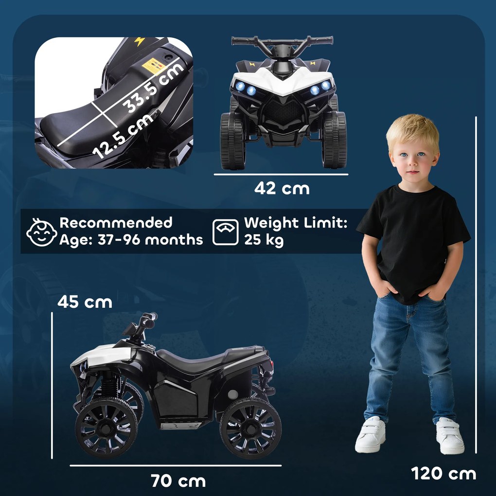 AIYAPLAY Quad electric copii 6V, ATV electric pentru copii, muzică și faruri LED, pentru 3-8 ani, 70 x 42 x 45 cm, alb | Aosom Romania