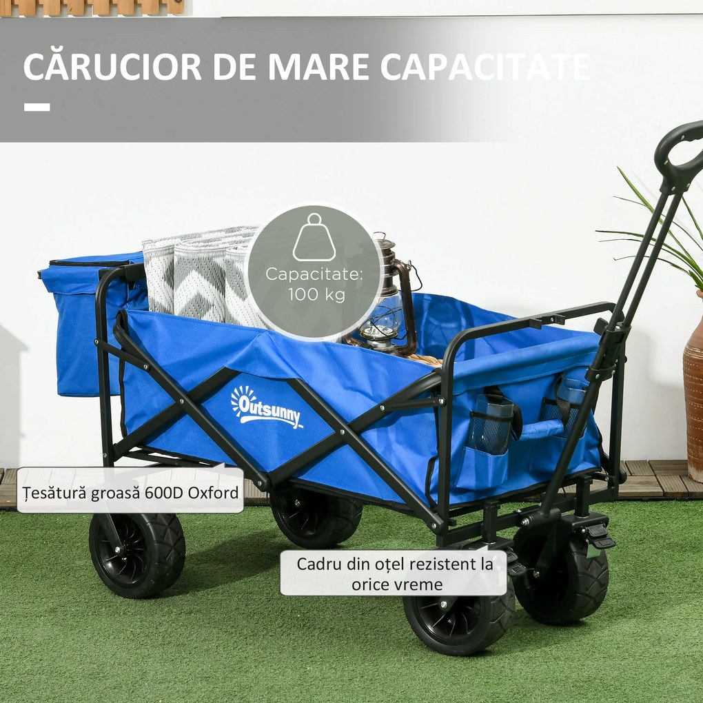 Outsunny Cărucior Pliabil de Exterior cu Geantă Frigorifică Detașabilă, Capacitate 100kg, Ideal pentru Grădină și Camping, Albastru | Aosom Romania