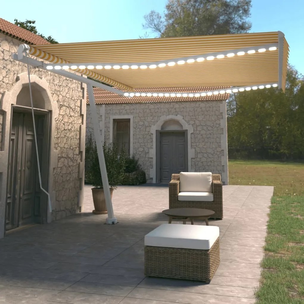 vidaXL Copertină retractabilă manual cu LED, galben și alb, 450x350 cm