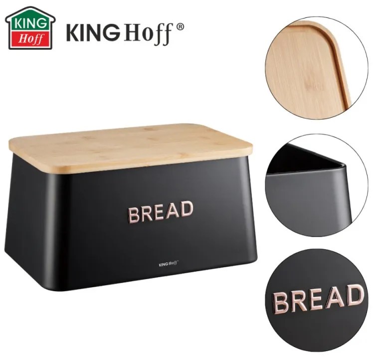 Cutie de paine cu capac pentru taiere Kinghoff KH-1948, 35 cm, Bambus, Otel, Negru