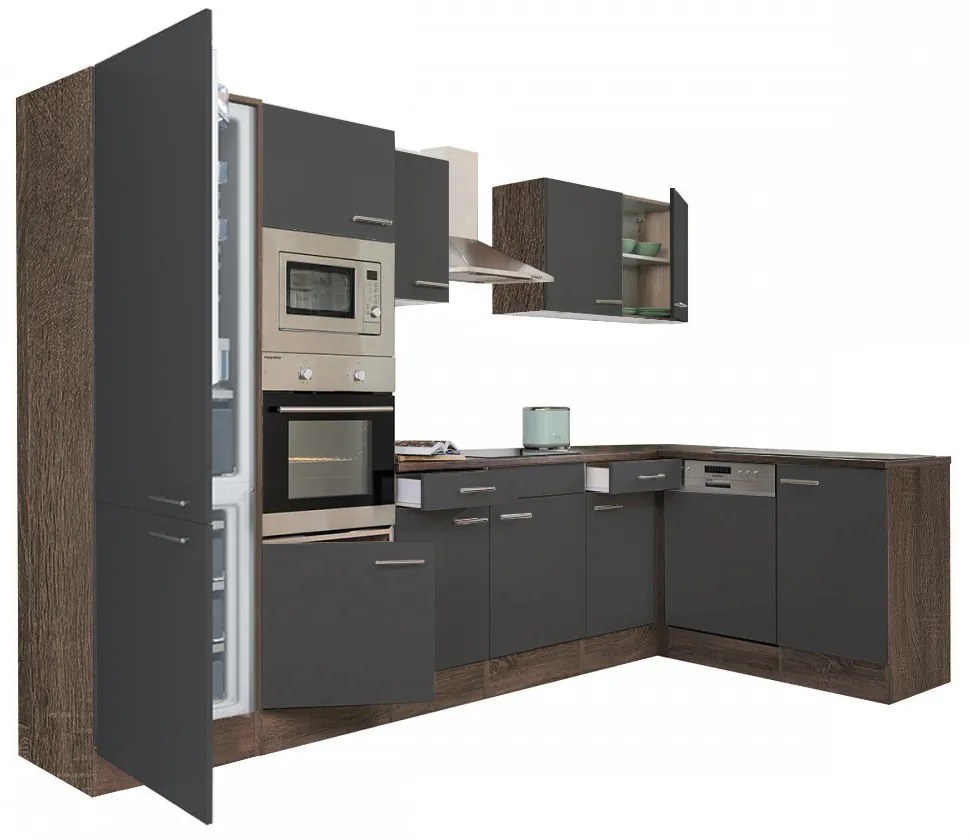 Mobilă de bucătărie de colț Yorki 340, corp din stejar Yorki, față antracit satinat, cu frigider sub blat