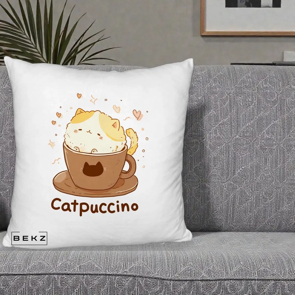 Perna Decorativa Catpuccino Pisica Cappuccino, 40x40 cm, Alb Pufos, Husa Detasabila, Perna Inclusa, BEKZ®