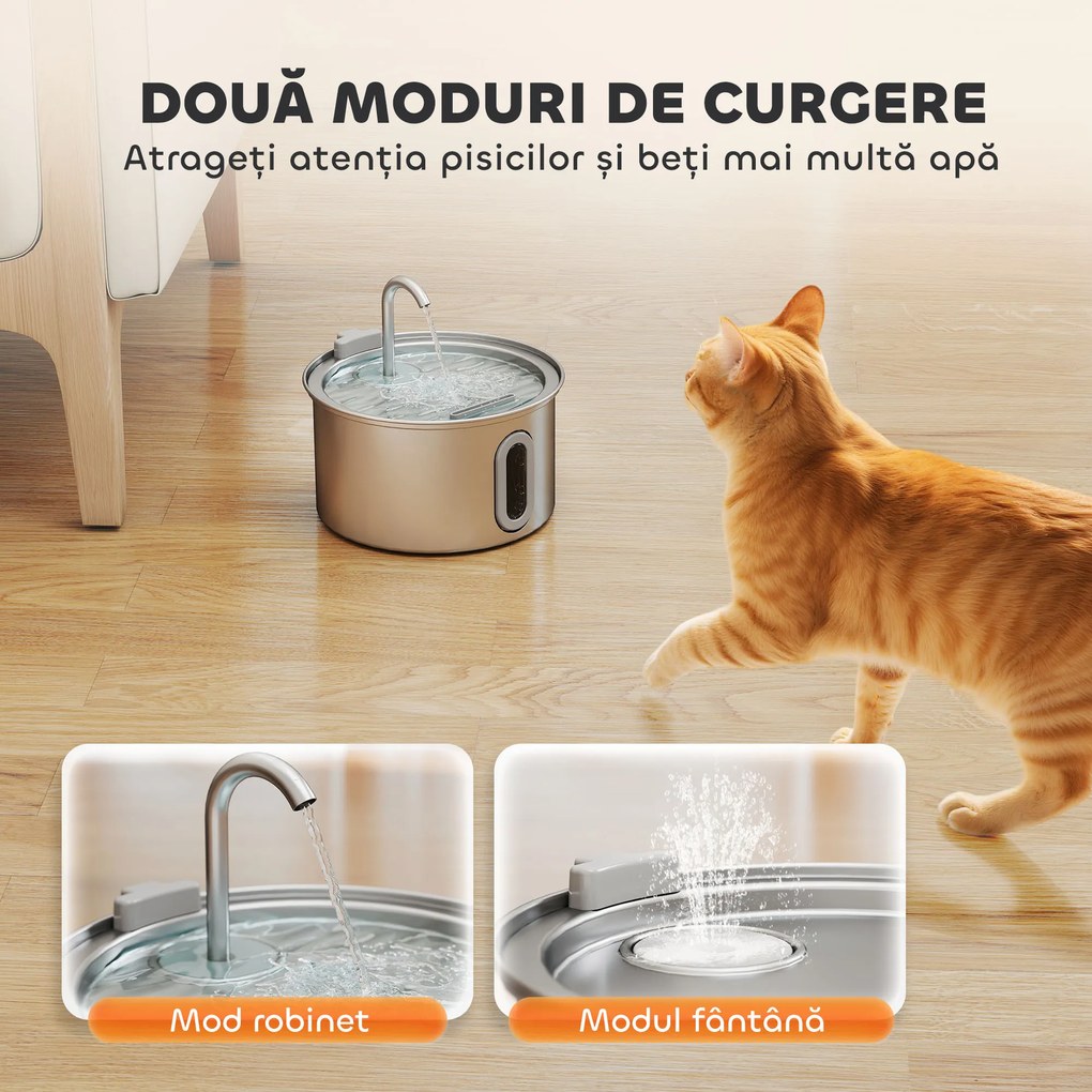 PawHut Fântână din Inox 2,5L pentru Pisici cu LED și 2 Moduri de Flux, Argintiu | Aosom Romania