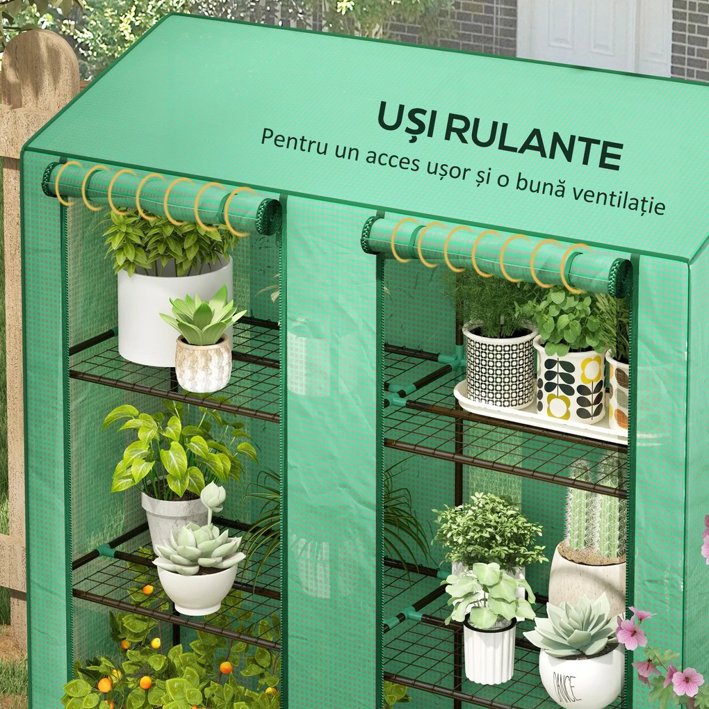 Outsunny Seră de Grădină cu Copertină din PE, Seră cu Acoperiș Înclinat, 2 Uși Rulante și 6 Rafturi, 143x46x151cm, Verde | Aosom Romania