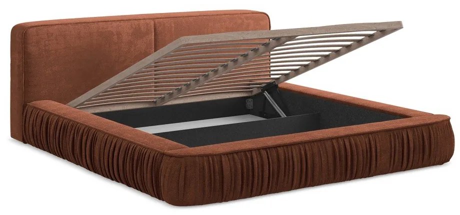Pat dublu tapițat în nuanța teracotă cu spațiu de depozitare cu grilă 140x200 cm Keoni - Makamii