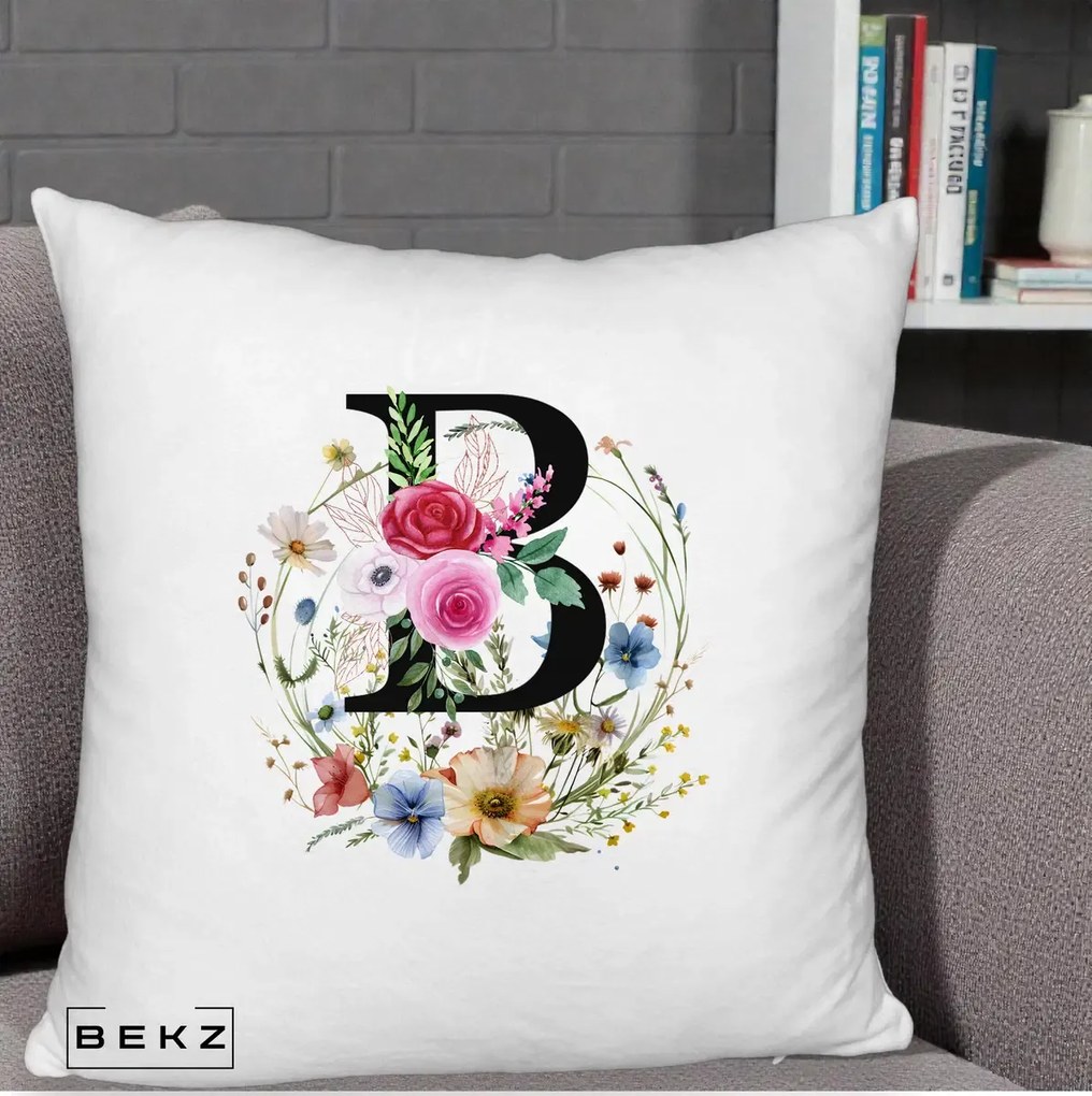 Cadou Personalizat - Perna Personalizata Monogram Litera B cu Flori Acuarela, 40x40 cm, Alb Pufos, Husa Detasabila, Perna Inclusa, BEKZ®