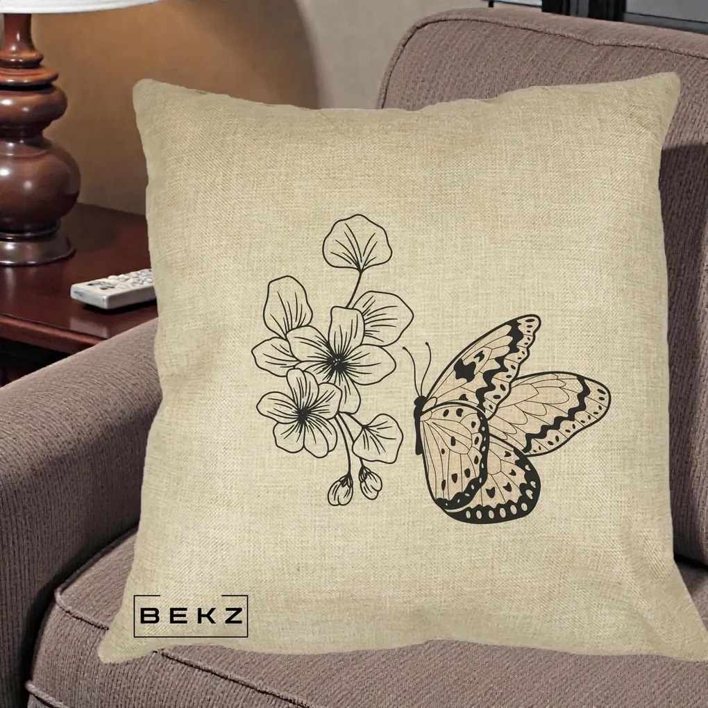 Perna Decorativa Fluture si Flori Linie Monocroma, 40x40 cm, Crem, Husa Detasabila, Perna Inclusa, BEKZ®