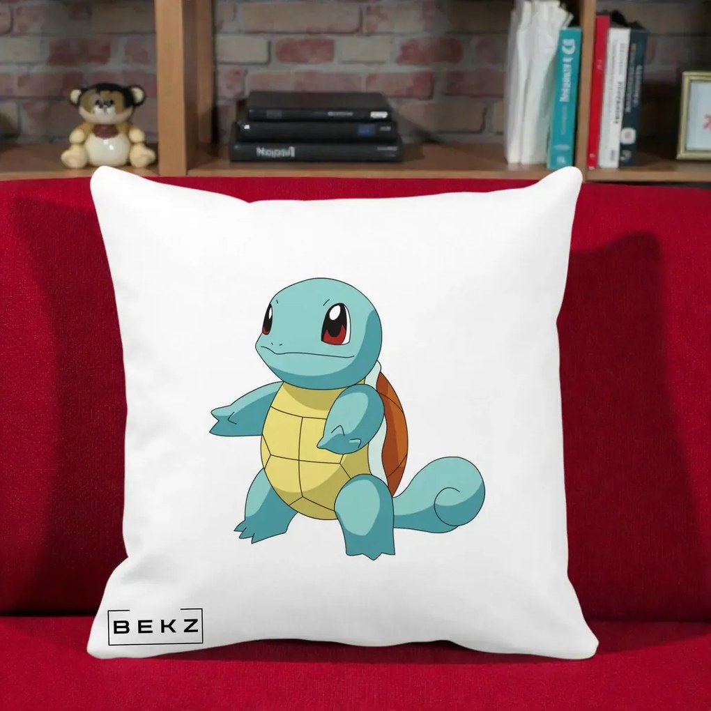 Perna Personalizata Squirtle Pokemon, 40x40 cm, Alba Mata, Husa Detasabila, Perna Inclusa, BEKZ®