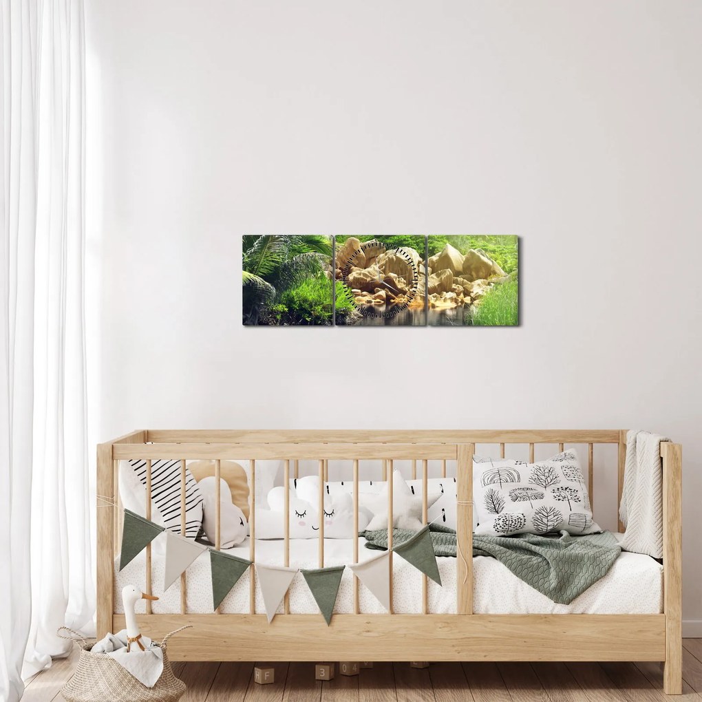Tablou cu lac în jungla din Seychelles (cu ceas) (90x30 cm)