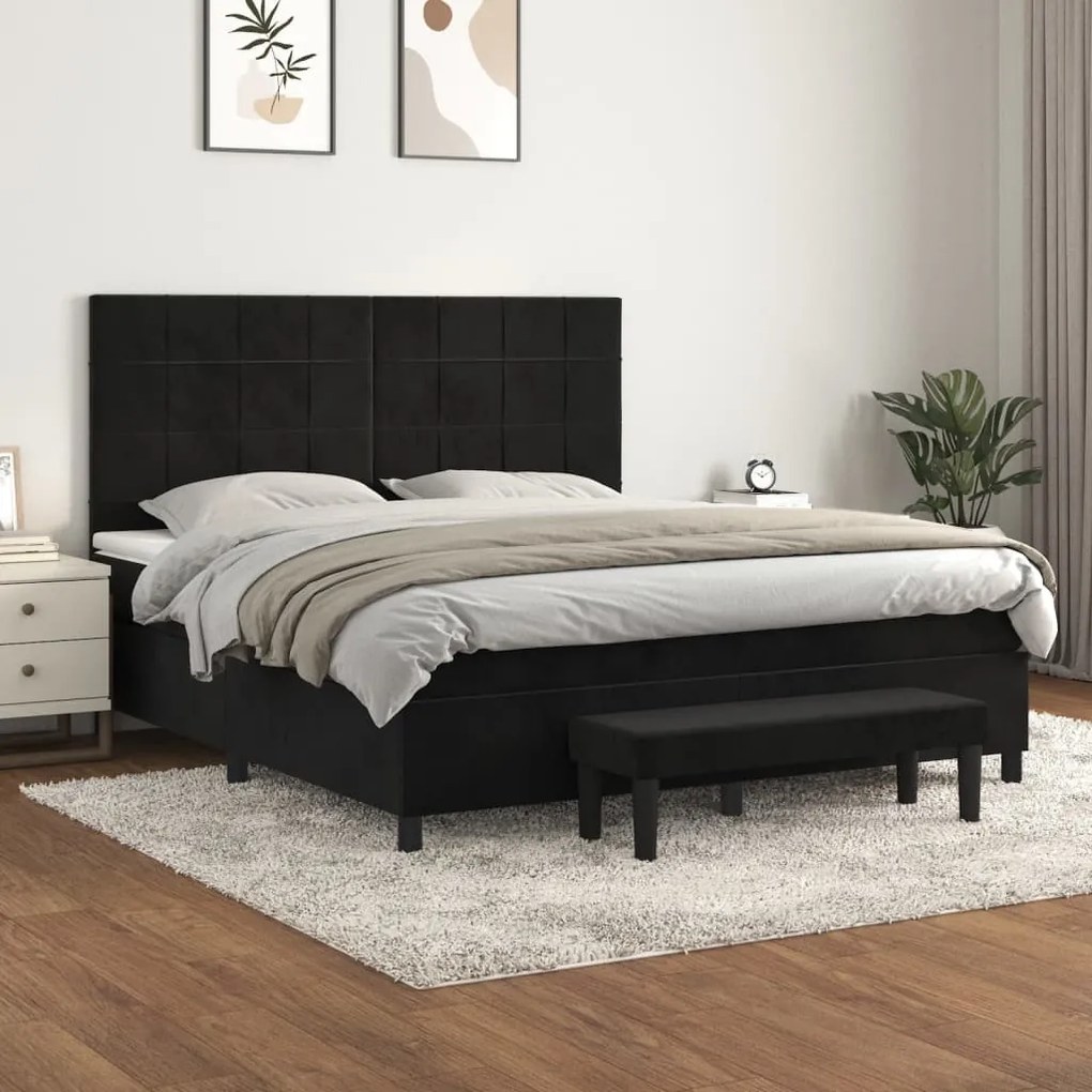 Pat box spring cu saltea, negru, 180x200 cm, catifea Negru, 180 x 200 cm, Cu blocuri patrate