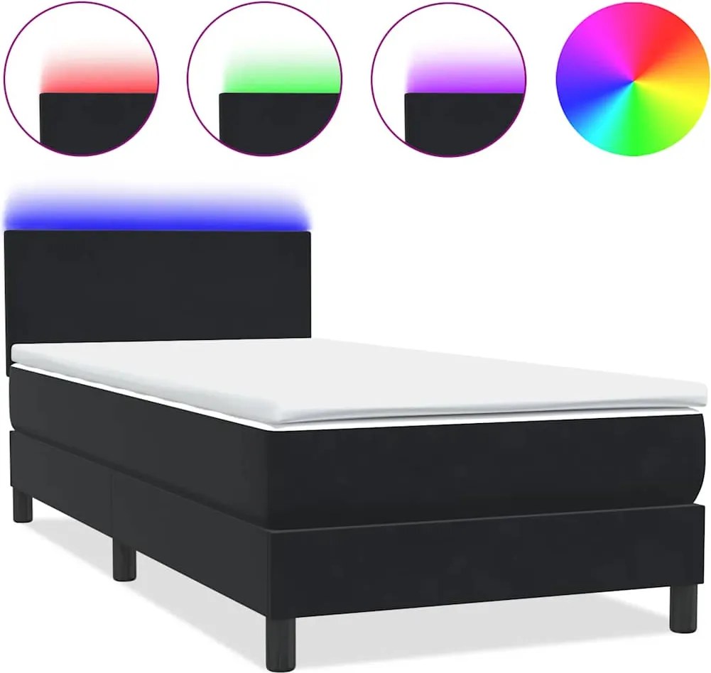 vidaXL Pat cu arcuri cu saltea și LED, negru, 90x210 cm, catifea