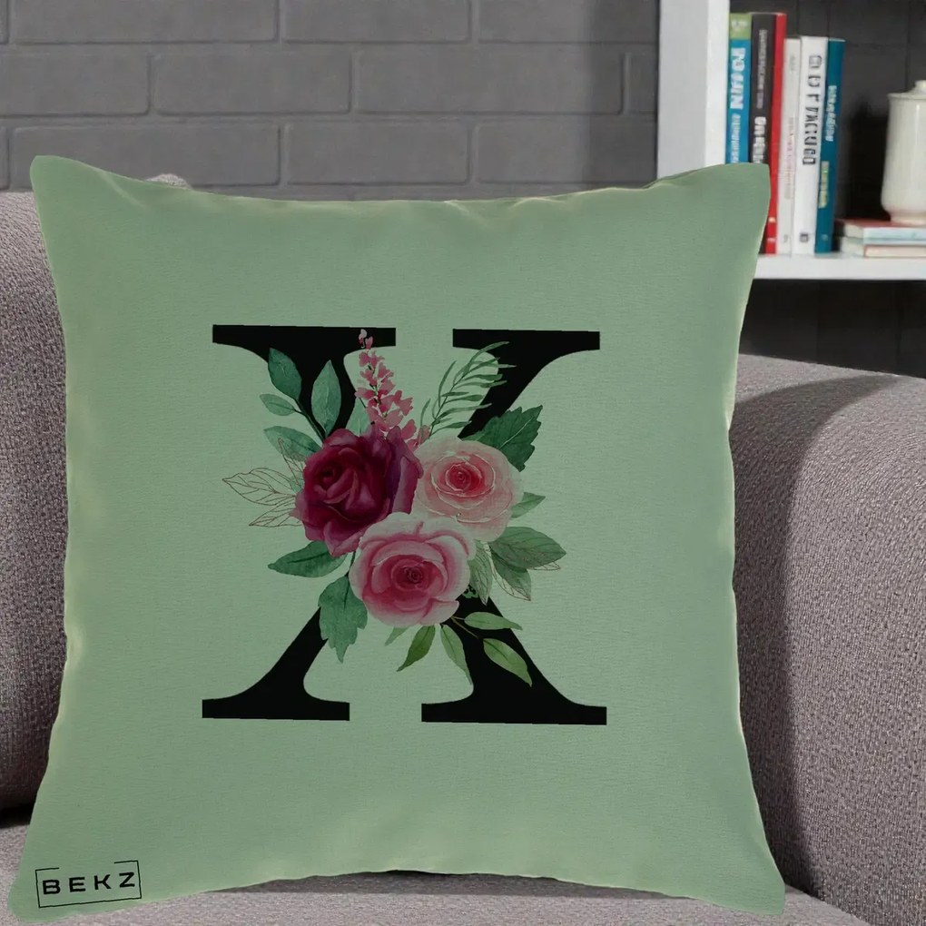 Cadou Personalizat - Perna Personalizata Monograma Florala Litera X cu Buchet, 40x40 cm, Verde, Husa Detasabila, Perna Inclusa, BEKZ®