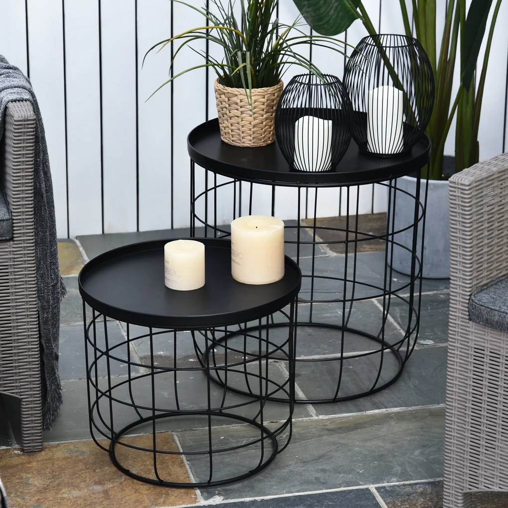 Outsunny Set 2 Piese Masuta de Cafea din Metal Negru , Φ50x50cm & Φ41.5x35.5cm