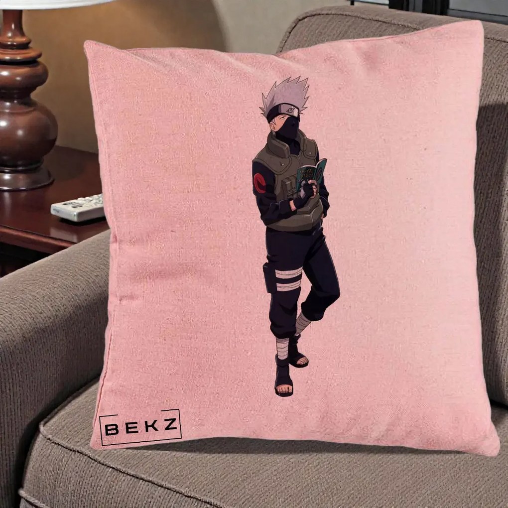 Perna Personalizata Naruto Kakashi Hatake Portret Complet, 40x40 cm, Roz, Husa Detasabila, Perna Inclusa, BEKZ®