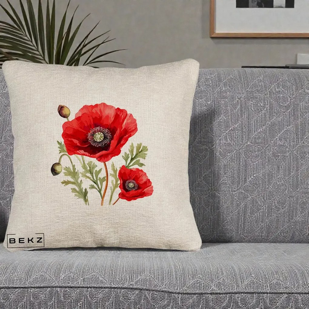 Perna Decorativa Maci Rosii Acuarela, 40x40 cm, Bej Canapea, Husa Detasabila, Perna Inclusa, BEKZ®