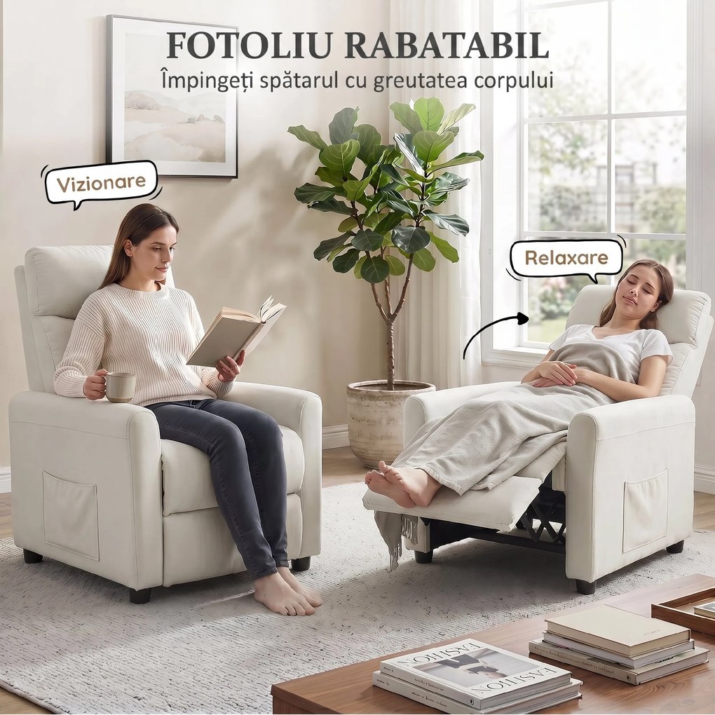 HOMCOM Fotoliu Reclinabil 135° max în Material cu Efect de In, Spumă, Oțel și Lemn, 73x86x100 cm, Crem | Aosom Romania
