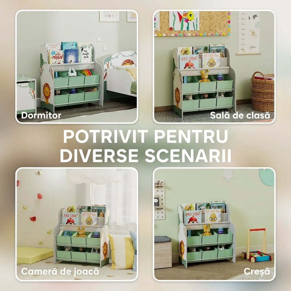 AIYAPLAY Raft Suport pentru Jucării cu 6 Sertare și Bibliotecă cu 2 Niveluri Verde | Aosom Romania