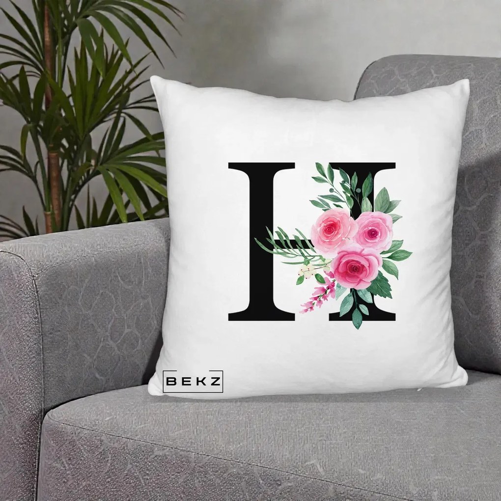 Cadou Personalizat - Perna Personalizata Monograma Florala Litera H cu Trandafiri Roz, 40x40 cm, Alb Pufos, Husa Detasabila, Perna Inclusa, BEKZ®