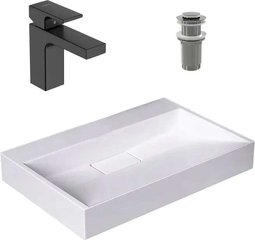 Pachet lavoar pe blat Rea Goya alb 60 cm, baterie lavoar Hansgrohe Vernis Shape negru si ventil lavoar Click-Clack crom