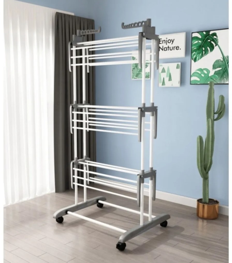 Suport vertical, pliabil, pentru uscat rufe, SU02, alb-gri, 3 niveluri, 6 brațe pliabile,, eCarla