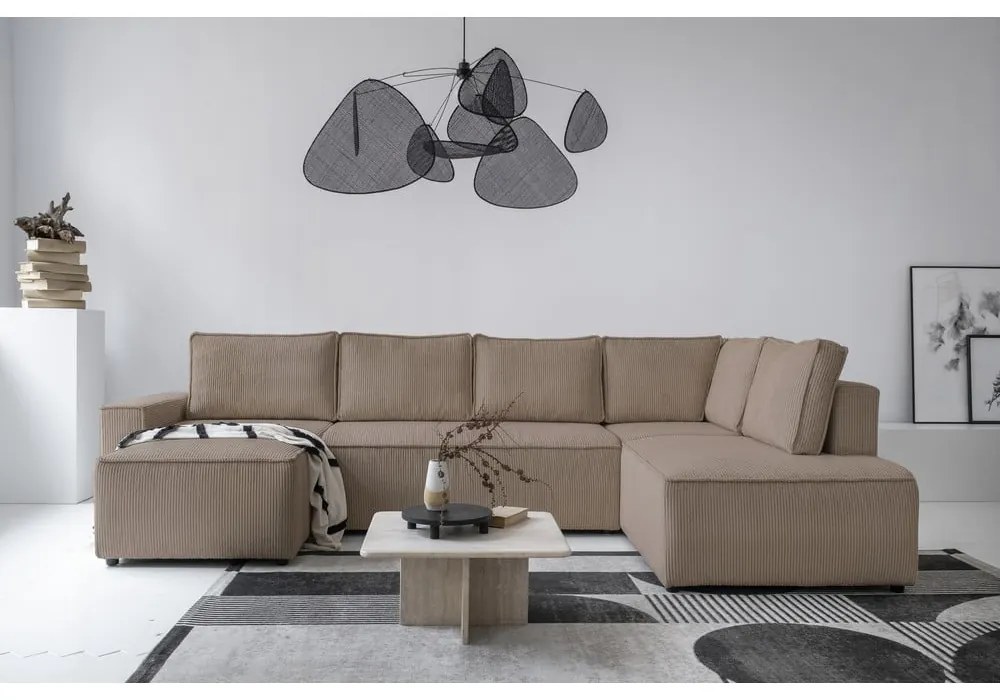 Colțar bej extensibil cu tapițerie din catifea reiată (cu colț pe partea dreaptă/în formă de "U") Brave Dave – Miuform