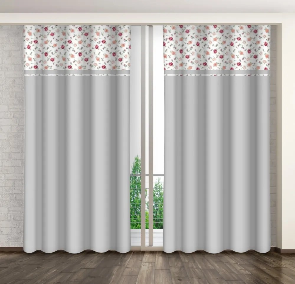 Draperie decorativă gri deschis imprimată cu trandafiri roz și roșii Lățime: 160 cm | Lungime: 250 cm