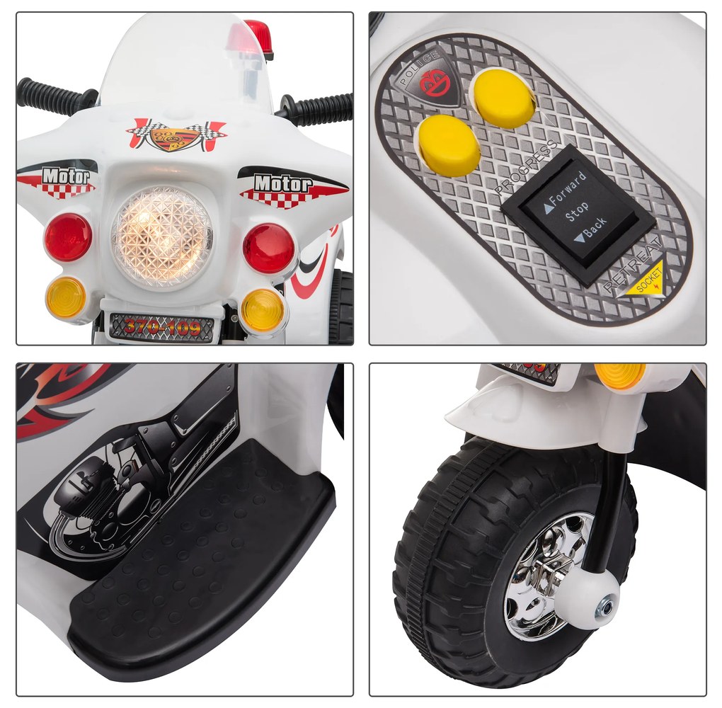 Motocicleta Electrica pentru copii HOMCOM 18-36 luni, baterie de 6V, PP Otel, Alba | AOSOM RO