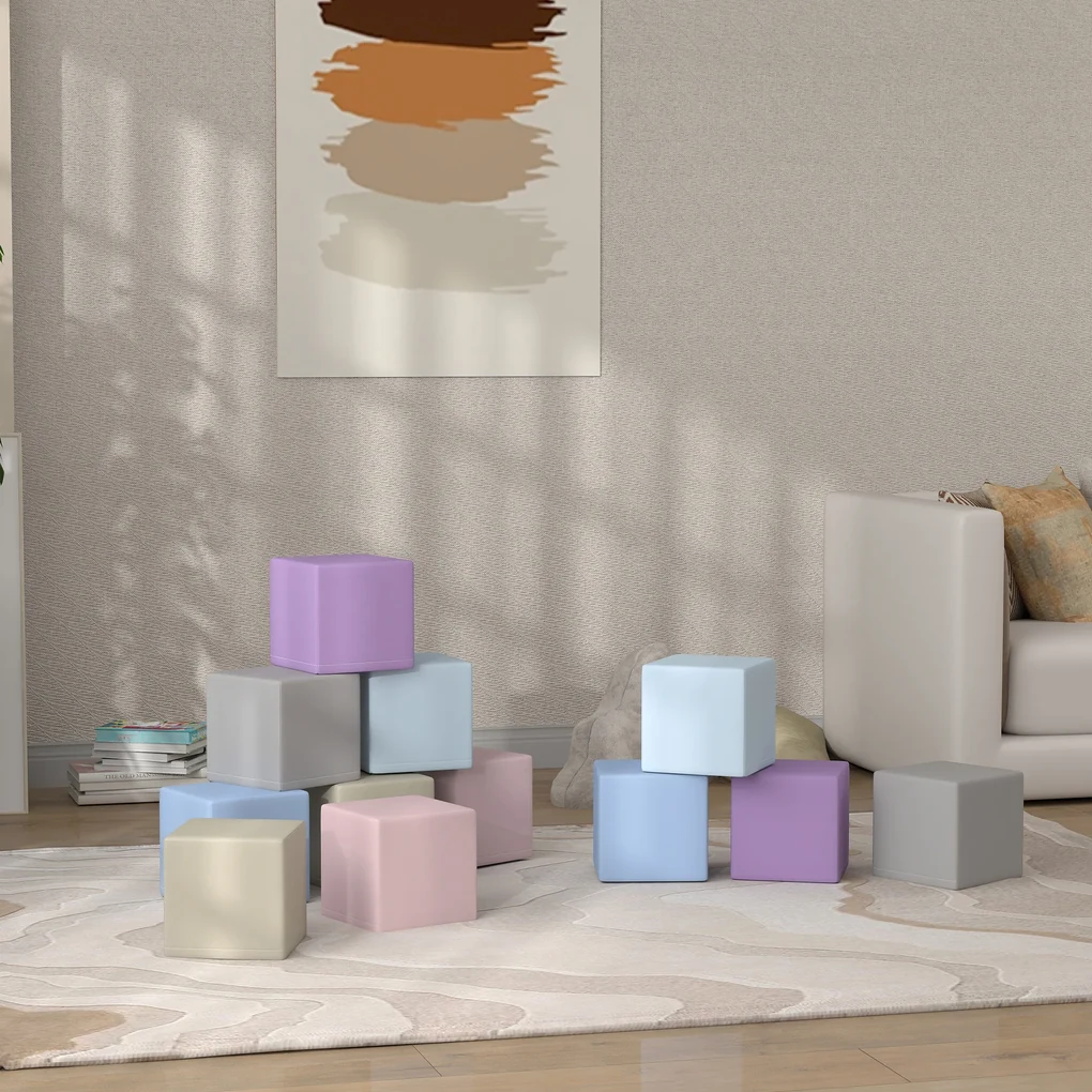 HOMCOM Set 12 Cuburi de Jucărie Moi pentru Copii 12-36 Luni, 20x20x20 cm, Multicolor Deschis | Aosom Romania