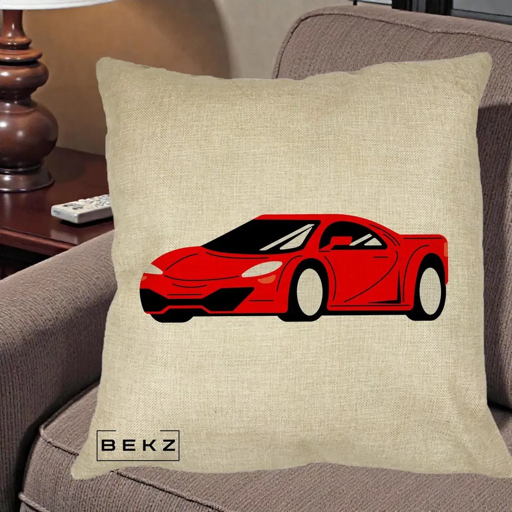 Perna Personalizata Masina Sport Rosie Grafic, 40x40 cm, Crem, Husa Detasabila, Perna Inclusa, BEKZ®