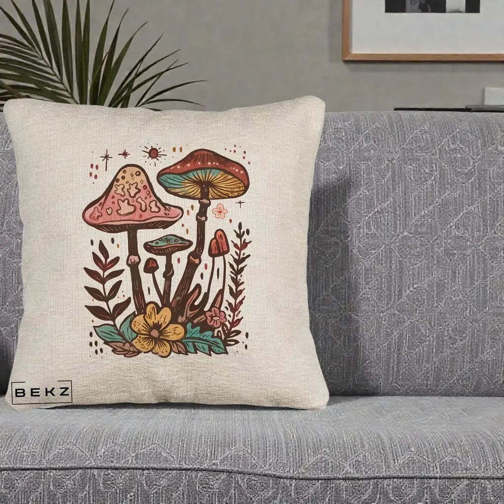 Perna decorativa Ciuperci Boho Multicolore, 40x40 cm cu Umplutura, Bej Canapea, BEKZ