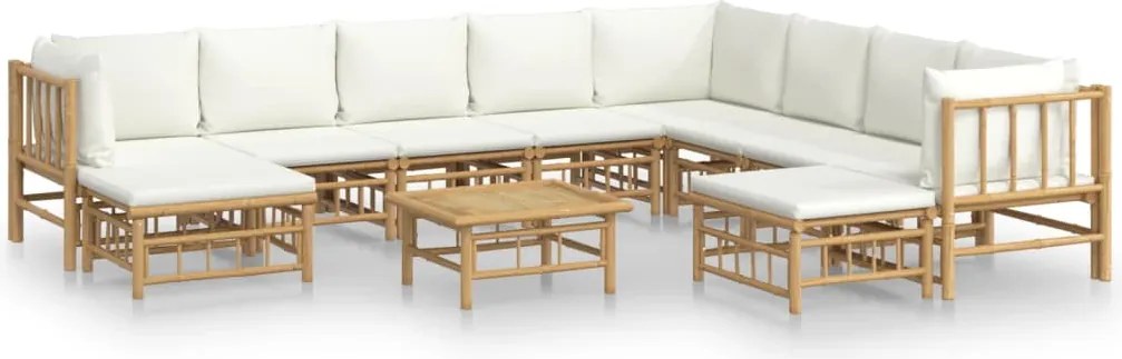vidaXL Set mobilier de grădină, cu perne alb crem, 11 piese, bambus