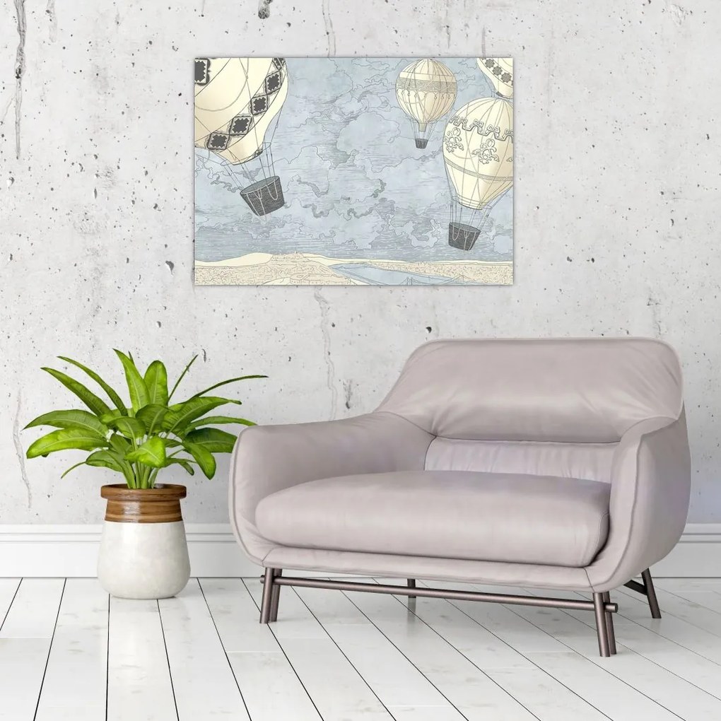 Tablou pe sticlă - Baloane deasupra orașului, nuanțe reci (70x50 cm)
