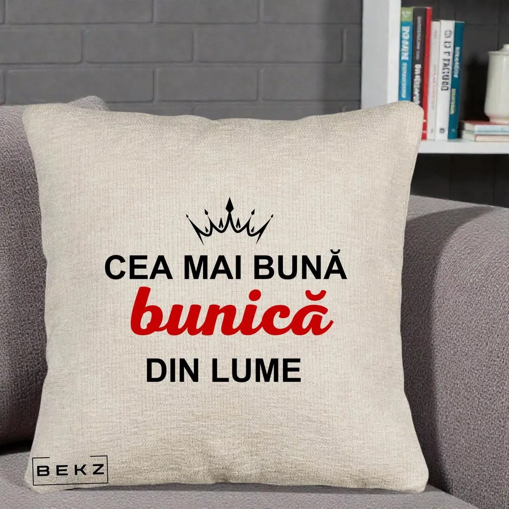 Cadou pentru Bunica - Perna Personalizata Cea Mai Buna Bunica Din Lume Coroana Neagra, 40x40 cm, Bej Canapea, Husa Detasabila, Perna Inclusa, BEKZ®