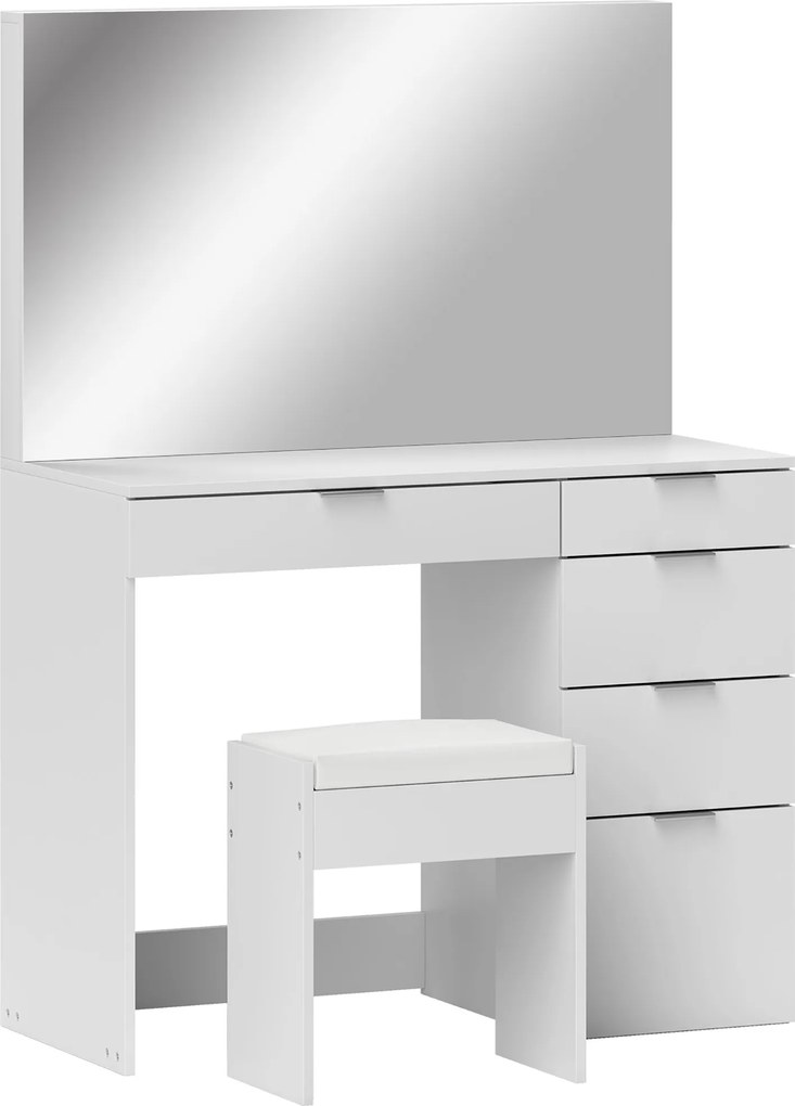 HOMCOM Set Masă de Toaletă cu Oglindă și 5 Sertare și Taburet de Machiaj Tapițat, 97,2x44,5x136,5 cm, Alb | Aosom Romania