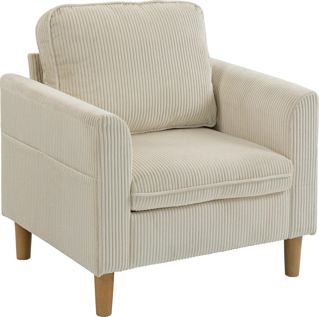 HOMCOM Fotoliu de living din catifea côtelată, fotoliu 1 loc tapițat cu șezut lat și pernă cu arcuri, 83x74x87cm, bej | Aosom Romania